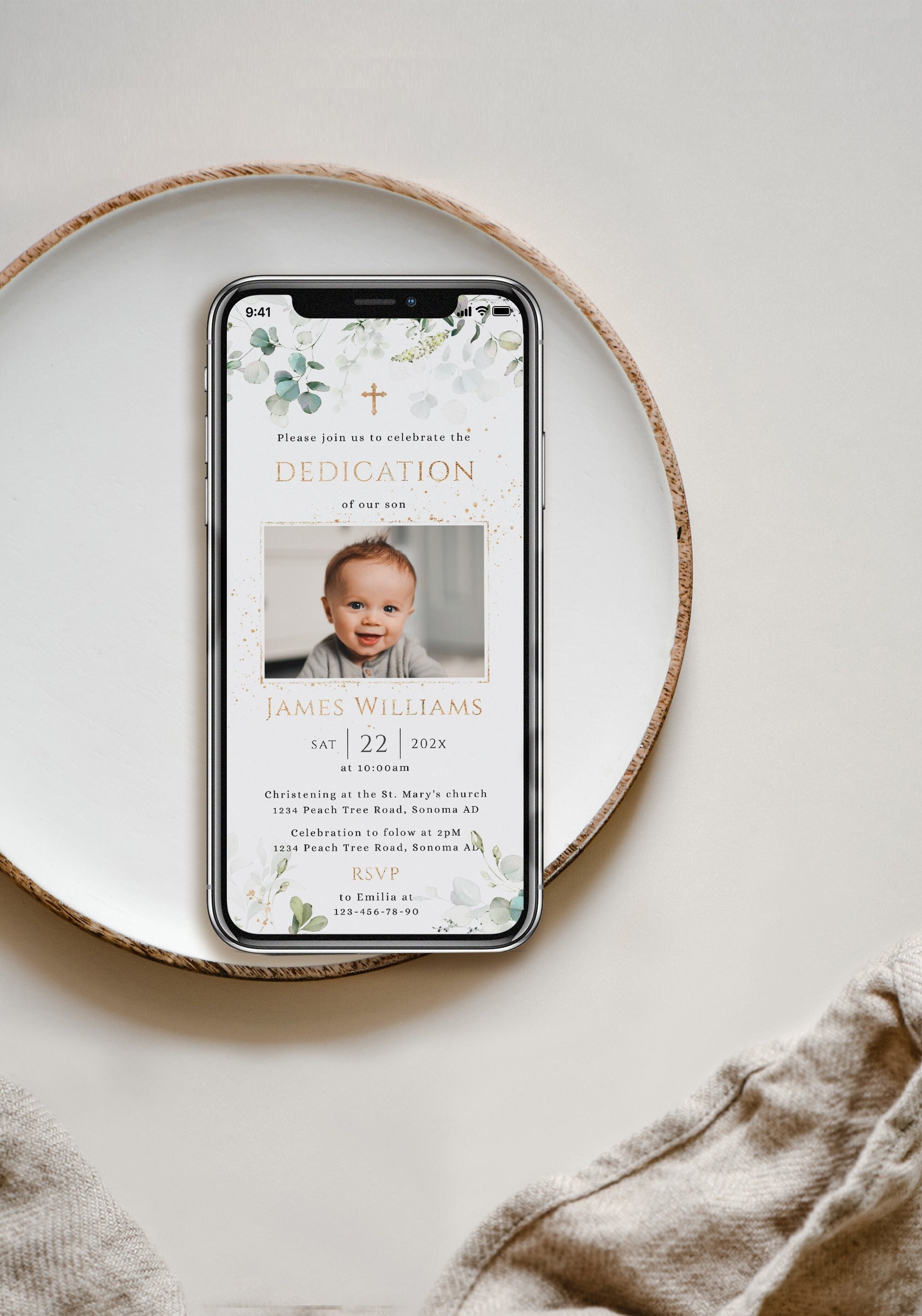 Electronic Greenery Baby Dedication Invitation, Green Gold Baptism