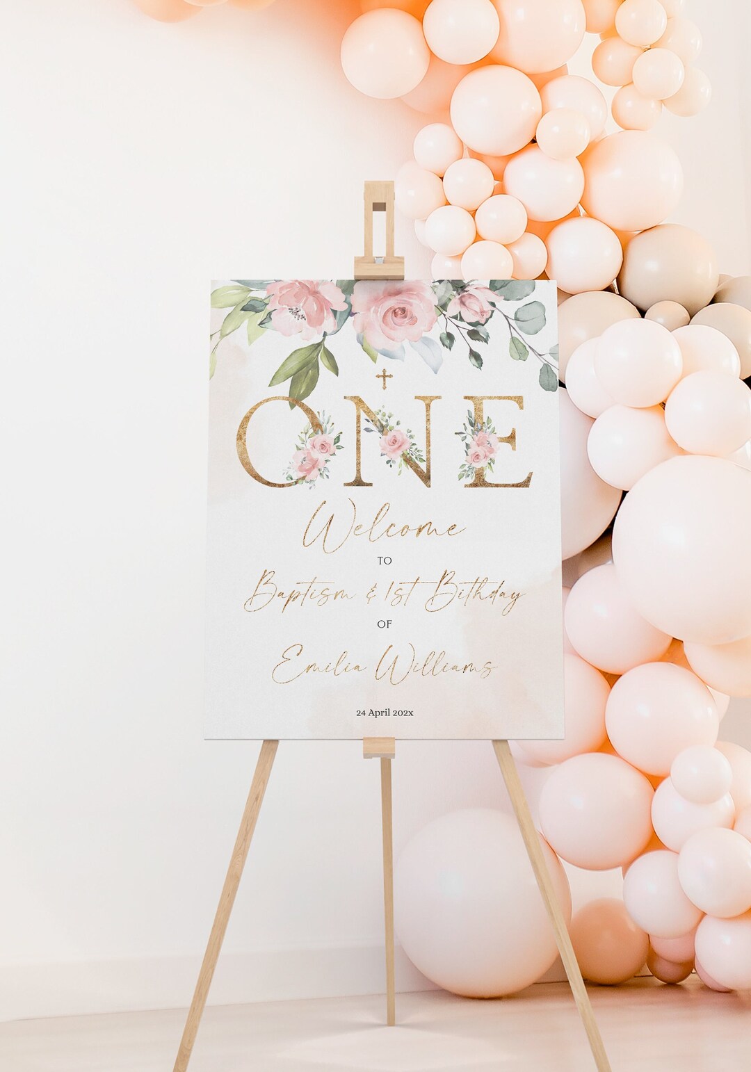 Pink Flowers Baptism First Birthday Sign for Girl, Floral