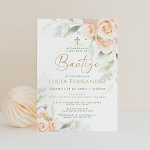 Flores invitaciones bautizo niña, moderno invitacion de bautizo imprimible, bohemian flowers baptism invitation in spanish printable - C438