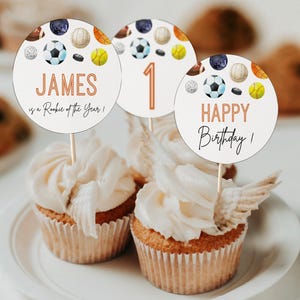 Sports 1st birthday cupcake topper printable, all sports balls 1st birthday cupcake topper, rookie of the year birthday cupcake topper -C648