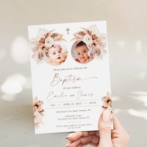 Girl and boy baptism boho invitation with photo template, baptism invitation twins, bohemian baptism, twin christening invitation - C164