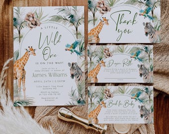 Boho safari baby shower invitation set printable, a little wild one baby shower invitation set, jungle animals baby shower invite set - C462