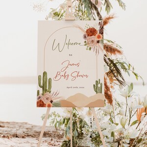Editable boho desert baby shower welcome sign, green cactus baby shower welcome board decoration, gender neutral shower welcome poster -C411