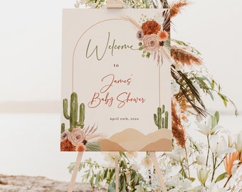 Editable boho desert baby shower welcome sign, green cactus baby shower welcome board decoration, gender neutral shower welcome poster -C411