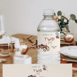 Brown race car birthday water bottle label template, two fast birthday water bottle label, vintage car birthday water bottle wrappers - C272