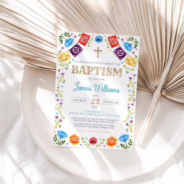 Mexican baptism invitation printable, boy baptism invitation mexican flower, mexican theme baptism invitation - C116b