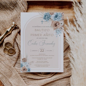 Invitaciones de bautizo y primer añito, invitacion bautizo en espanol printable, bohemian baptism first birthday invitation in spanish - C26
