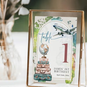World travel 1st birthday table number printable, vintage map and suitcase birthday party table number, airplane birthday table number -C684