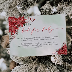 Editable Christmas baby shower book for baby card, red winter flowers baby shower books for baby ticket, book card winter baby shower - C340