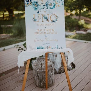 Cartel bienvenida bautizo y primer añito niño, blue gold baptism & 1st bday welcome sign in spanish printable, bienvenidos al bautizo - C211