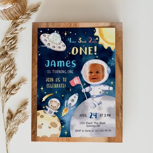 First birthday party invitation with photo template, galaxy boy party invitation card,  photo kids planets party invites printable - C250