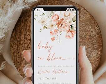 Baby in bloom shower electronic invitation template, garden flowers text message invite, floral green leaves baby shower evite for girl-C433
