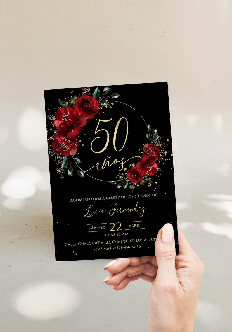 Spanish 50th birthday invitation printable, all ages adult birthday invitation, invitación de 50 años mujer, 50 Años Cumpleaños Adulto Mujer image 3