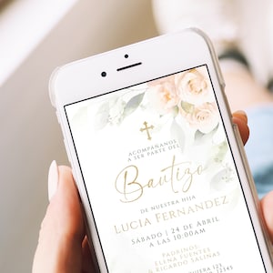 Gold greenery floral bautizo electronic invitation in spanish editable, niña bautizo digital evite en español, modern text invitación - C438