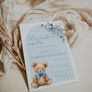 Nuestro osito blue floral boho baby shower invitacion card in spanish, invitación para baby shower de oso para niño printable español - C505