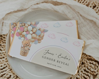 He or she chocolate candy bar wrapper with bear, bear balloons pink blue chocolate wrapper decor, gender reveal chocolate bar labels - C429