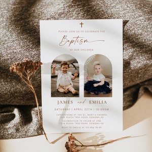 Neutral baptism invitation with photo, minimalistic baptism twins invitation, baptism invitation template, girl boy christening invite -C212