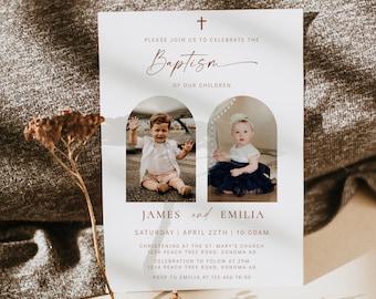 Neutral baptism invitation with photo, minimalistic baptism twins invitation, baptism invitation template, girl boy christening invite -C212
