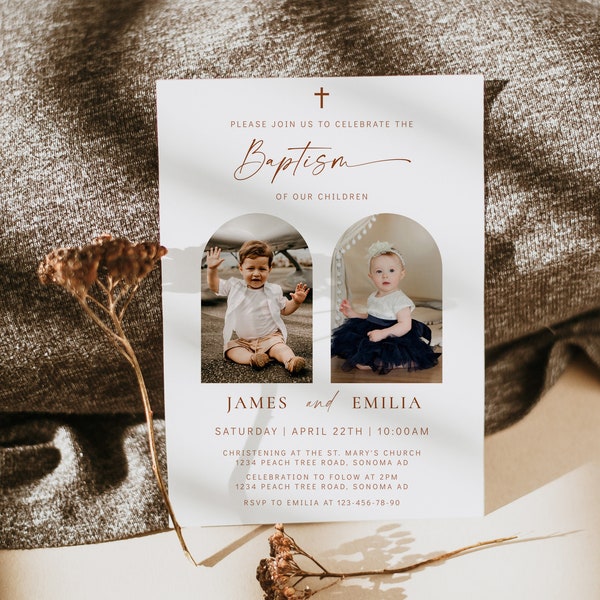 Neutral baptism invitation with photo, minimalistic baptism twins invitation, baptism invitation template, girl boy christening invite -C212