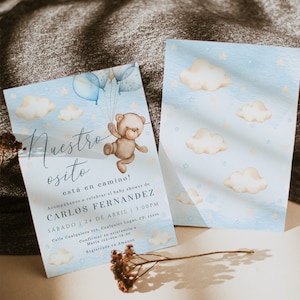 Nuestro osito baby shower invitation spanish, bear spanish invite card, oso niño invitacion español blue boy baby shower printable - C424
