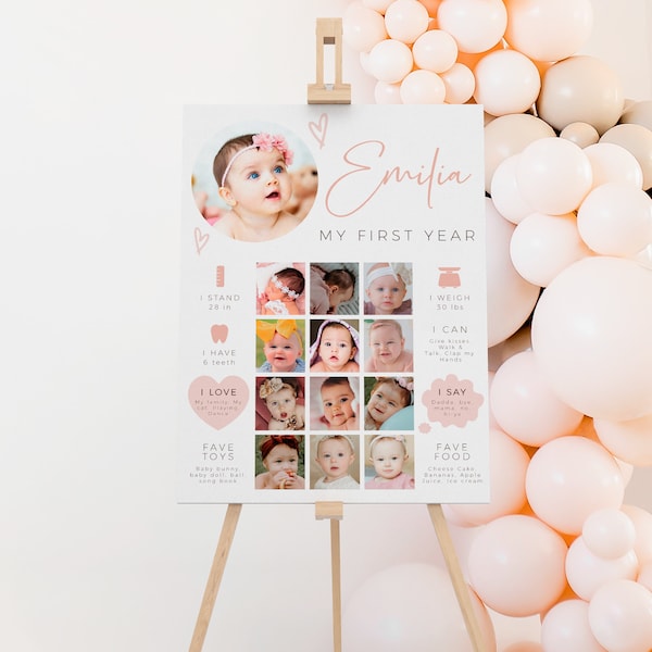 My first year collage & milestone poster printable for a little baby girl, first birthday milestone poster decor, one year photo collage