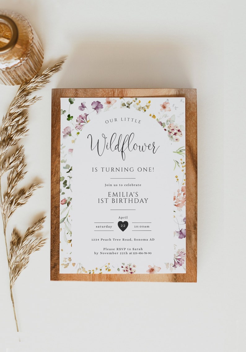 Wildflower 1st birthday party invitation template, our little wildflower invitation, wildflower invites 1st birthday girl garden party C65 image 1