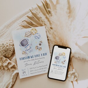 Houston we have a boy baby shower invitations, space baby shower invitation. galaxy baby shower invte, boy baby shower card printable -C251