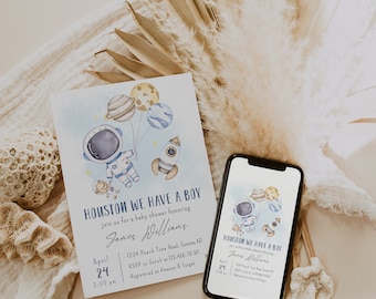 Houston we have a boy baby shower invitations, space baby shower invitation. galaxy baby shower invte, boy baby shower card printable -C251