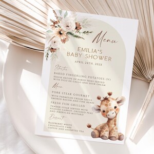 Bohemian giraffe baby shower menu card printable, boho pampas grass baby shower menu, gender neutral giraffe baby shower dinner menu - C563
