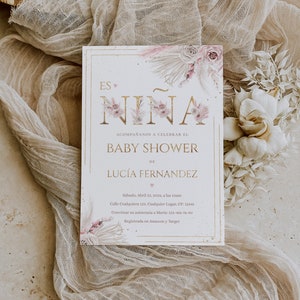Invitacion para baby shower en Español, es nina invitation spanish baby shower invitation template, girl baby shower invite bohemian pink