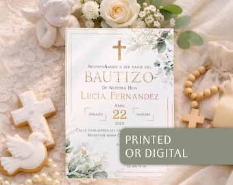 Eucalipto invitacion de bautizo, Invitacion bautizo en espanol, invitación bautizo niño, baptism invitation in spanish green gold letter