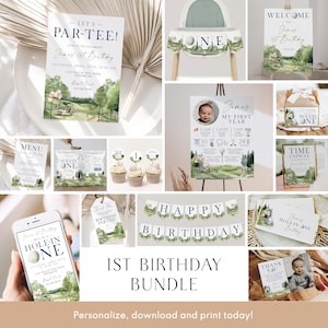 Complete golf 1st birthday party invitation bundle printable, sports theme first birthday set, green golf theme 1st birthday party kit -C646
