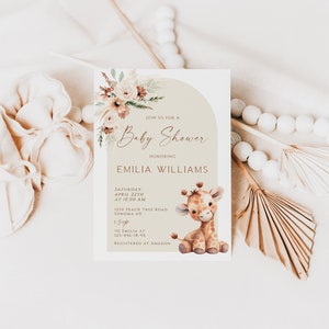 Giraffe baby shower invitation template, boho arch floral giraffe baby shower invite, gender neutral biraffe baby shower invite card - C563