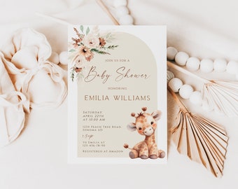 Giraffe baby shower invitation template, boho arch floral giraffe baby shower invite, gender neutral biraffe baby shower invite card - C563