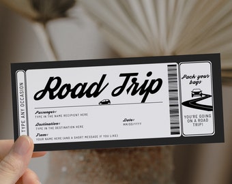 Printable road trip ticket gift, reveal surprise any occasion road trip travel coupon, black birthday boarding pass surprise trip vacation