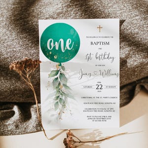 Boy green baptism & 1st birthday invitation printable, green balloon baptism and first birthday invitation, boy modern baptism invite - C19