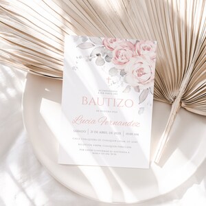 Invitaciones de bautizo niña, invitacion bautizo en espanol, girl baptism invitation in spanish floral dusty rose, invitacion para niñas