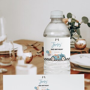 Race car water bottle label birthday party wrappers printable, two fast two curious label water bottle, blue car birthday water label - C271