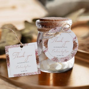 Bohemian pink baptism favor tag template, girl pampas grass baptism thank you tag, dried floral christening tag, pink floral baptism tags