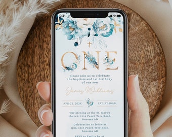 Baptism and 1st birthday digital Invitation, floral baptism evite, electronic baptism invitation template, modern christening invite - C211