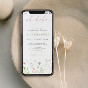 Electronic niña invitacion para oh babe baby shower en Español, girl spanish baby shower invite, phone invite baby shower wildflower - C169