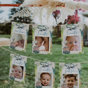 Vintage map 1st birthday monthly photo banner printable, world travel first birthday photo banner, airplane birthday 12 month banner -C684