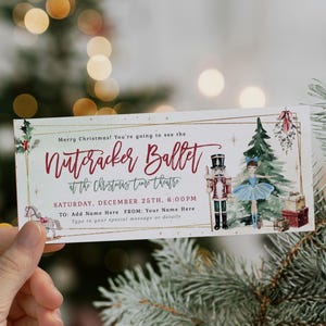 Nutcracker ballet gift ticket xmas tree decor printable, blush green xmas theme ballet voucher, nutcracker with ballerina event gift ticket