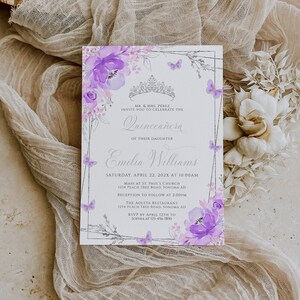 Purple quinceañera invitation printable, mis quince 15 anos butterfly quinceañera, 15th birthday party invitation princess dress - Q60