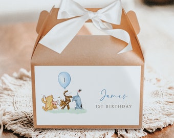 Winnie the pooh party gable box label printable, blue balloons birthday party favor box sticker, first birthday gable box labels boy - C536