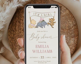 Its a girl classic winnie pooh baby shower electronic invitation, vintage pooh baby shower invite editable, girl baby shower evite - C567-g