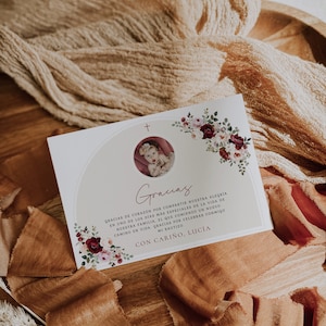Baptism boho floral thank you card template spanish, flowers baptism thank you card with photo, arco flores tarjeta de gracias bautizo -C566