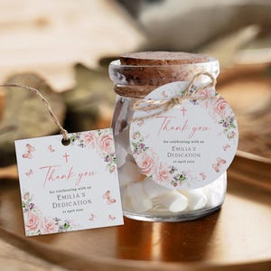 Blush pink roses dedication favor tags printable, butterflies and flowers dedication thank you tag, girl floral baptism thank you tag - C178