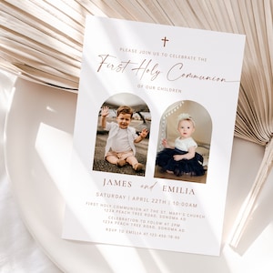 Twins siblings boy and girl first holy communion invite, holy communion invitation twin with photo printable, twin invite card - C212