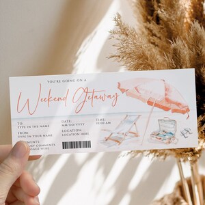Weekend getaway ticket template, surprise weekend gift certificate, birthday trip travel voucher, weekend getaway gift coupon decoration